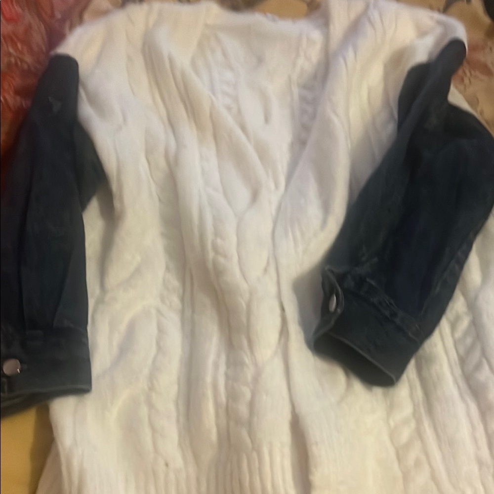 White Cable Knit Cardigan with Denim Sleeves